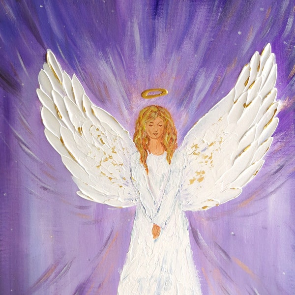 Original Angel painting Guardian Angel decor White Angel wings wall art Angel on canvas Angel of Light Christmas gifts Child Baptism gift