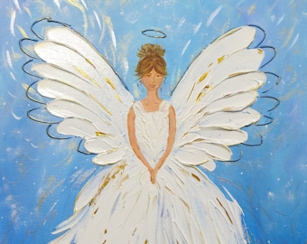 Angel painting Angel Blessings White Angel wings wall decor Angels on canvas Original art Angel of Light Guardian angel gift Christmas decor