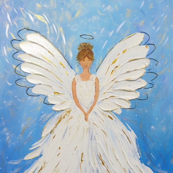 Angel pintura Angel Blessings White Angel alas decoración de la pared Ángeles sobre lienzo Arte original Ángel de la Luz Ángel guardián regalo decoración de Navidad