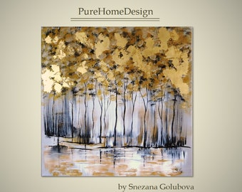 ABSTRACT ORIGINAL Painting Gold Leaf Painting Gray Abstract Tree Canvas art Acrylic painting Contemporary art Modern Landscape Trees artwork
