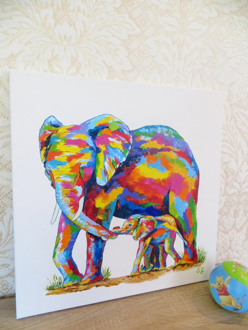 Colorful Elephant Decor Nursery Wall Art Elephants Painting Etsy