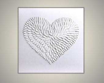 Handmade Heart Feather Painting, White Home decor, Abstract painting on canvas, Textured artwork, Love Wall art for Bedroom, Thank you gift