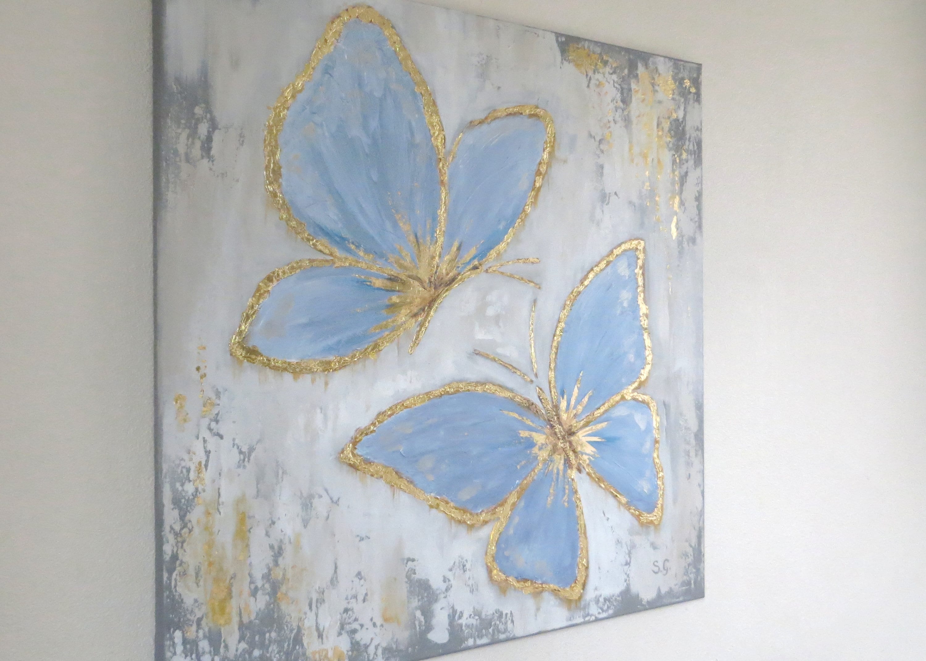 Large Painting Gold Blue Butterfly Wall Art Original Abstract Etsy