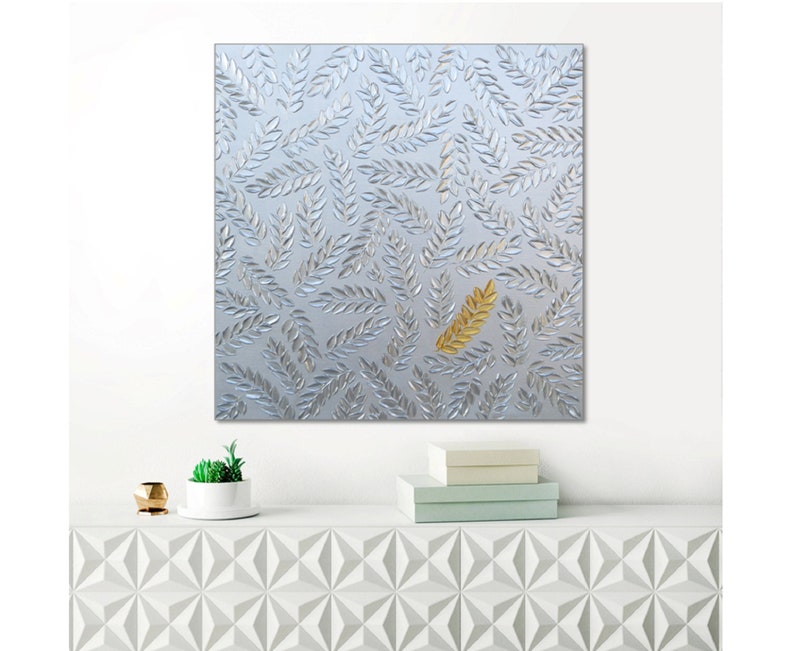 Canvas art Gold leaf painting Textured wall art Acrylic painting Silver leaves painting Over the bed decor Modern art Bedroom wall art image 5