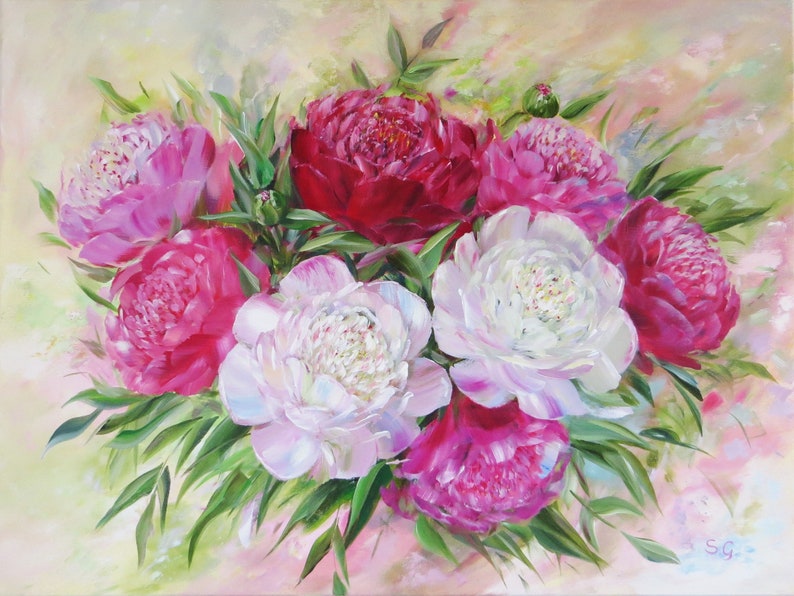Peony painting Peonies painting Mothers day gift for Mother Summer blossom Summer flowers painting Peony Flower bouquet painting for gift image 1