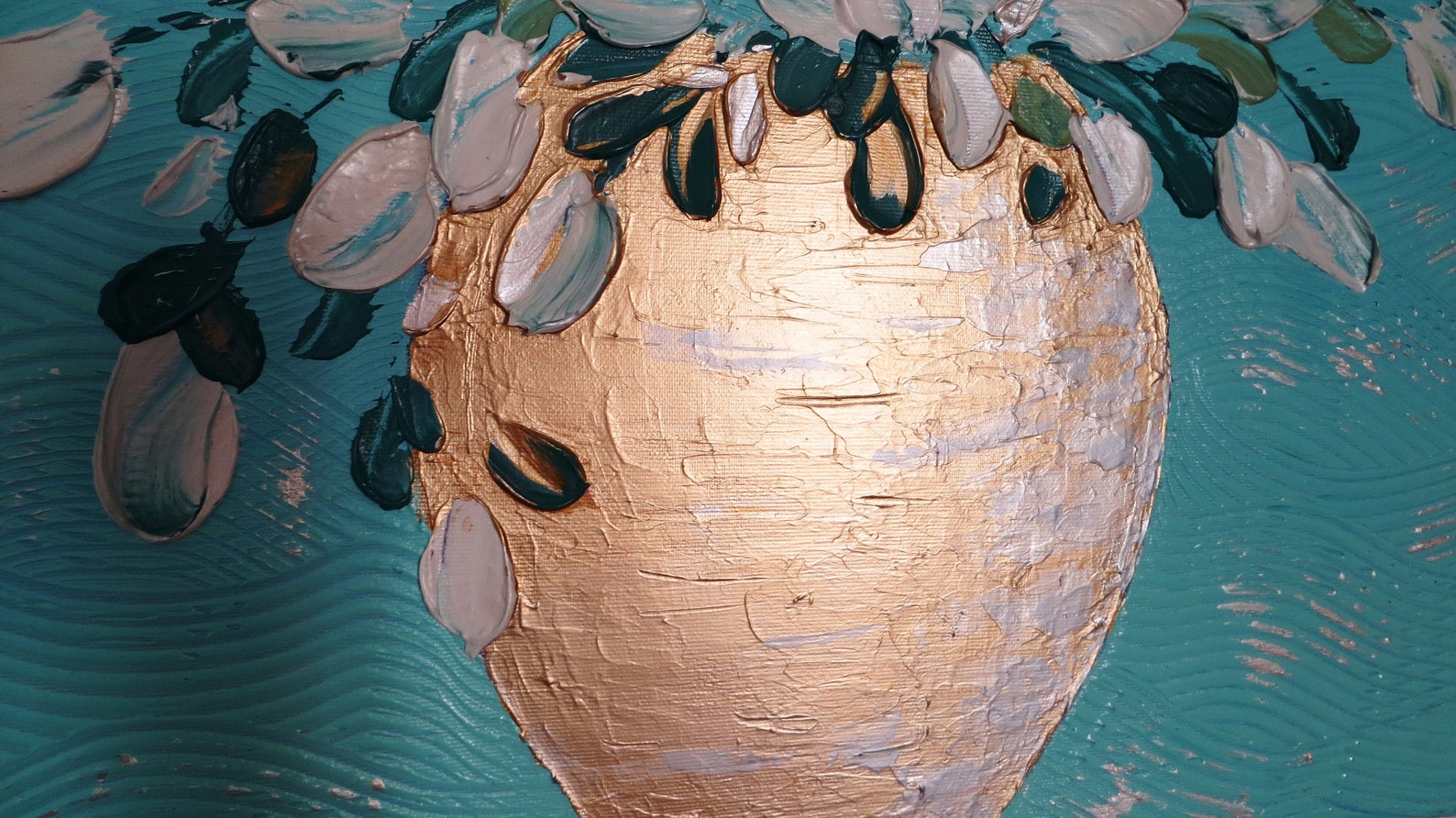 Acrylic Painting Flowers in Gold Vase Canvas Art Blue Wall Art Etsy