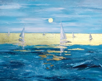 Large painting Gold Sailboat art Original abstract painting Canvas art Gold framed art Gold leaf painting Sea art Blue Modern artwork
