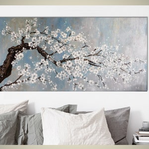 Cherry Blossom Tree Original Painting on canvas, Floral Landscape Wall Art, Sakura Branch with Flowers, Living Room Wall Decor for Bedroom