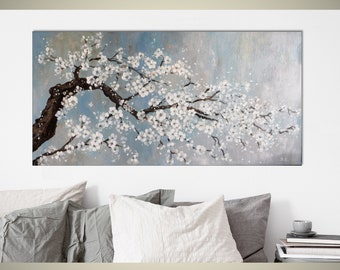 Cherry Blossom Tree Original Painting on canvas, Floral Landscape Wall Art, Sakura Branch with Flowers, Living Room Wall Decor for Bedroom