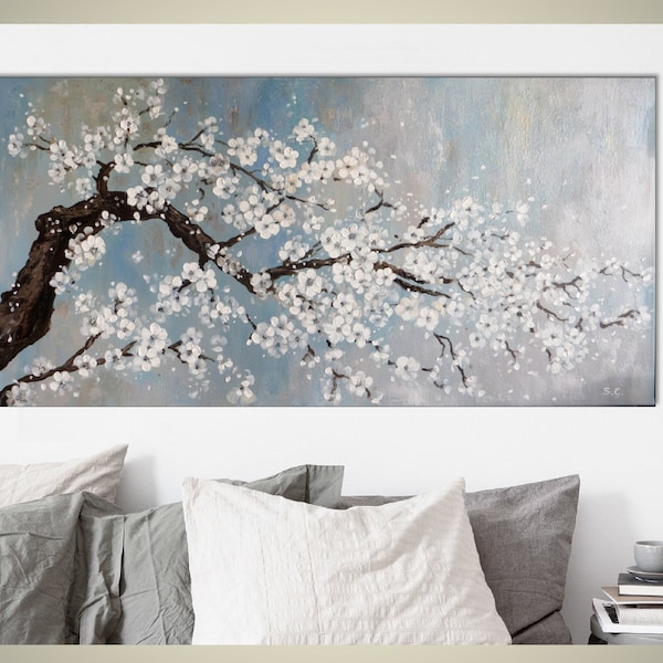 Kirschblütenbaum-Originalgemälde auf Leinwand, Blumenlandschaft, Sakura-Zweig mit Blumen, Wohnzimmer-Wanddekor für Schlafzimmer