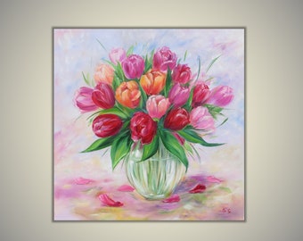 Original Painting Flowers Art Tulips painting Flowers in vase painting Red Tulips Art wall decor for kitchen painting Floral Art