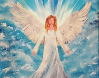 Original Angel paintings Guardian Angel in Heaven White Angel wings wall decor Angel on canvas Angel of Light Art angel gift Child Baptism