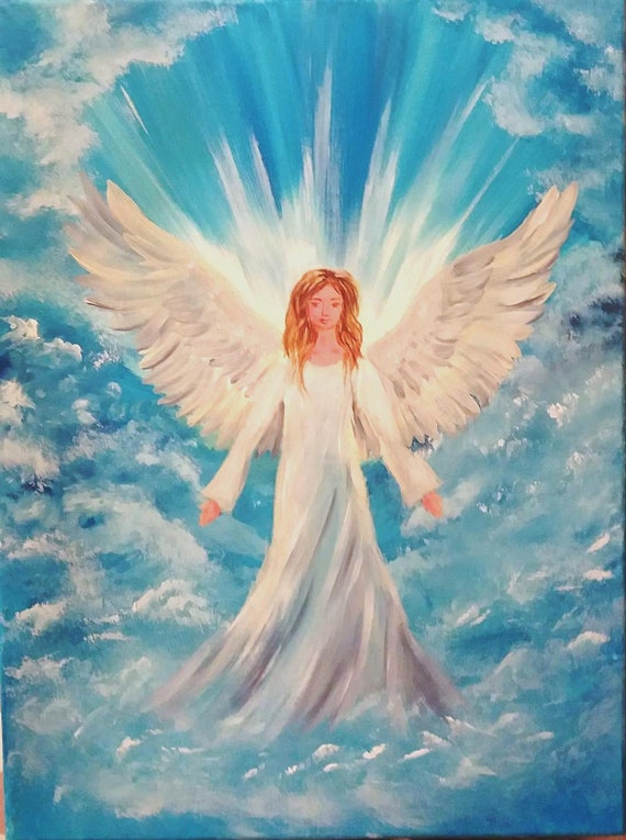 Original Angel paintings Guardian Angel in Heaven White Angel wings wall decor Angel on canvas Angel of Light Art angel gift Child Baptism