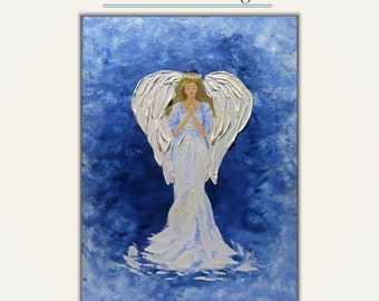 Angel paintings Angel Praying White Angel wings wall decor Angels on canvas Original art Angel of Light Guardian angel gift Christmas decor