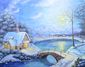 Fairytale cottage winter landscape painting cottage painting Original painting Winter fairytale Winter cottage Winter lake painting frozen