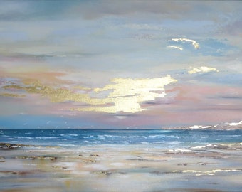 Seascape art, Large painting on canvas, Original abstract painting, Canvas art, Gold leaf painting Sea art, Sunset artwork for bedroom