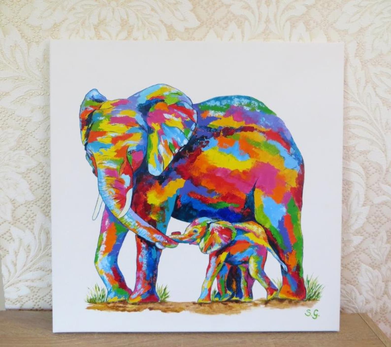 Colorful Elephant Decor Nursery Wall Art Elephants Painting Etsy