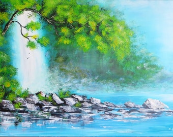 Bird of Paradise Acrylic painting on canvas Tropical landscape Original painting Waterfall art Blue lagoon artwork Bedroom wall art