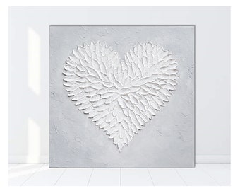 Large abstract painting Heart White Feather painting on canvas Textured Heart artwork Grey painting Heart art Love gifts Palette knife art