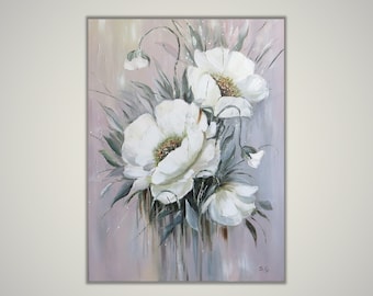 Modern Flower Painting On Canvas Abstract White Poppies Flowers Painting Floral Wall Art Canvas Textured Wall Art Living room Wall Decor