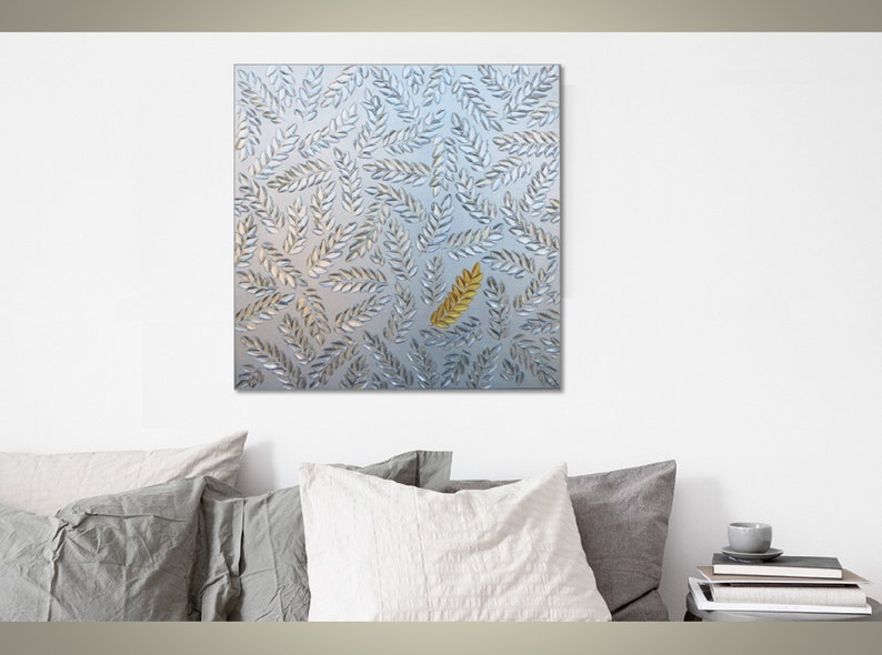 Canvas art Gold leaf painting Textured wall art Acrylic painting Silver leaves painting Over the bed decor Modern art Bedroom wall art image 9