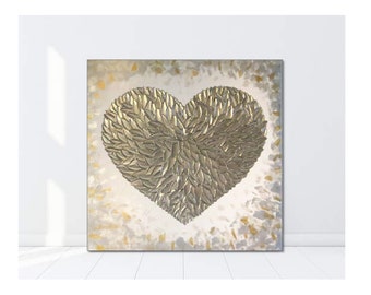 Silver Abstract Heart Original painting on canvas, Handmade Silver Heart art, Grey and White Texture artwork, Modern wall art above bed