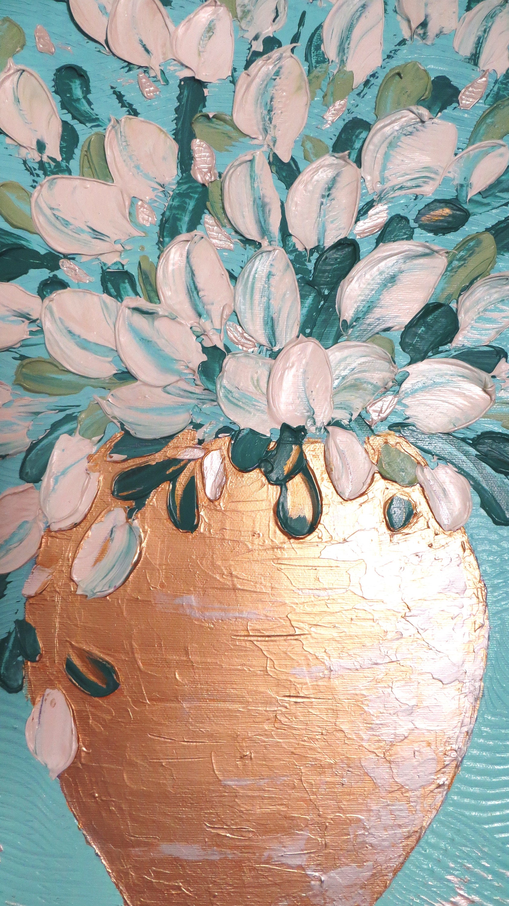 Acrylic Painting Flowers in Gold Vase Canvas Art Blue Wall Art Etsy