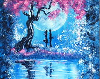 Original art Couple Under the Moon Canvas art Tree painting Love wall art Acrylic painting Valentines day gift for her Fine art