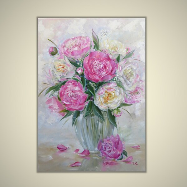 Peinture acrylique rose pivoine art bouquet de pivoines blanches peinture pour chambre cadeau d'anniversaire pour mère fleurs art prêt à accrocher