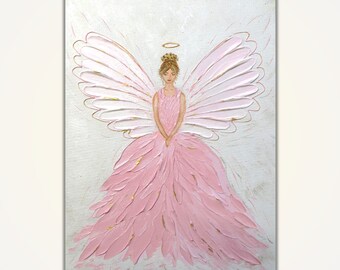オリジナルの天使の絵画 キャンバスアート 守護天使の羽 ホワイト ピンク 天使の壁アート 天使のアートワーク クリスマスプレゼント 手作りの光の天使