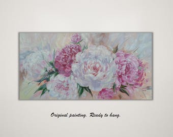Hand-Painted Peony Floral Art on Canvas: Acrylic Summer Blossom Wall Art (20x40 inches)