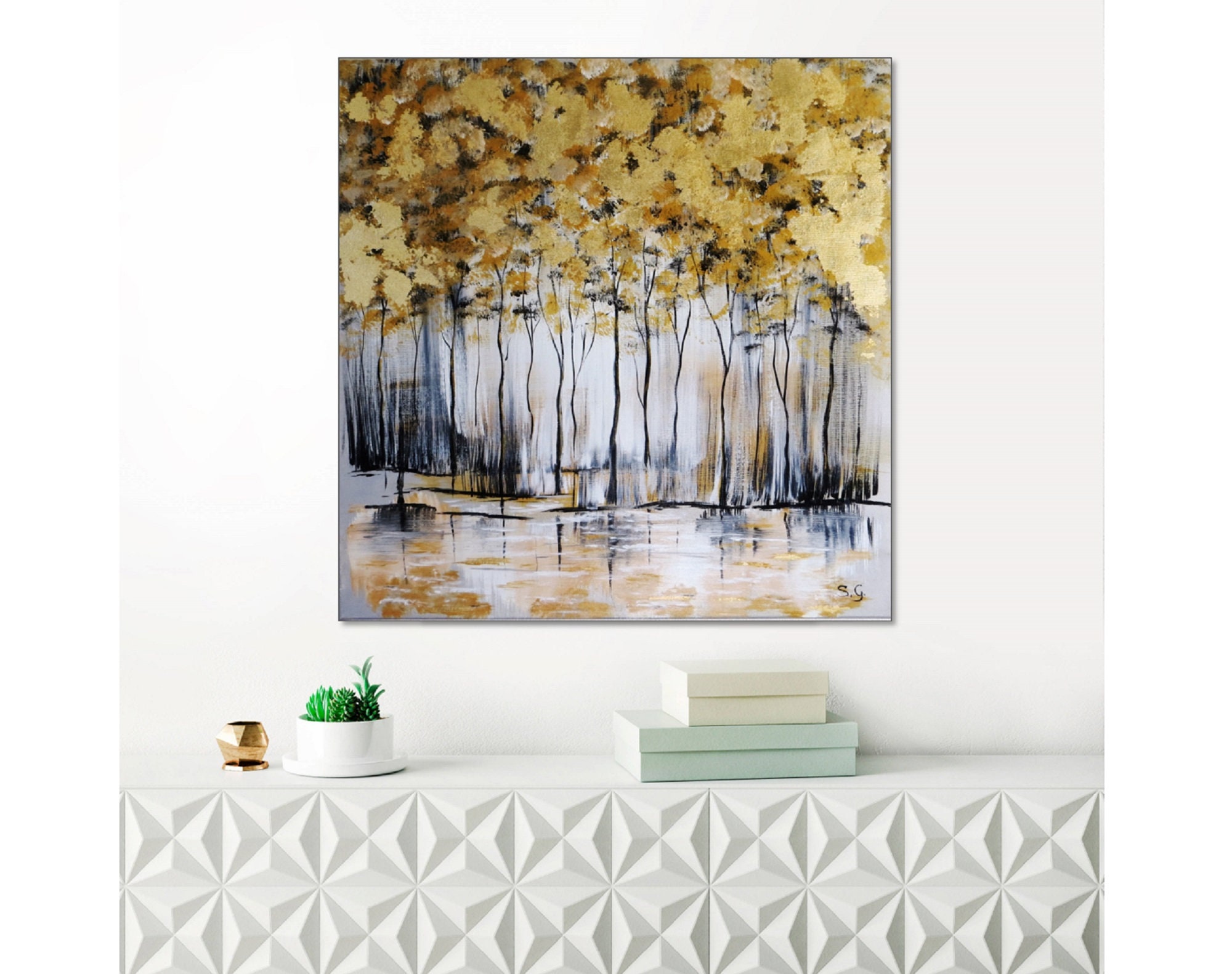 ABSTRACT ORIGINAL Painting Gold Leaf Painting Gray Abstract Tree Canvas ...