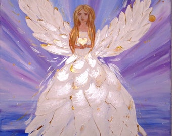 Original Angel painting Guardian Angel White Angel wings wall decor Angels decor Angel of Light angel gift Girls Baptism Gift for Baptism