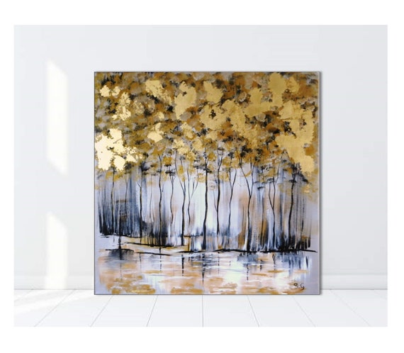 100% Handmade Orange Canvas Paint Gold Foil Landscape Art Oil