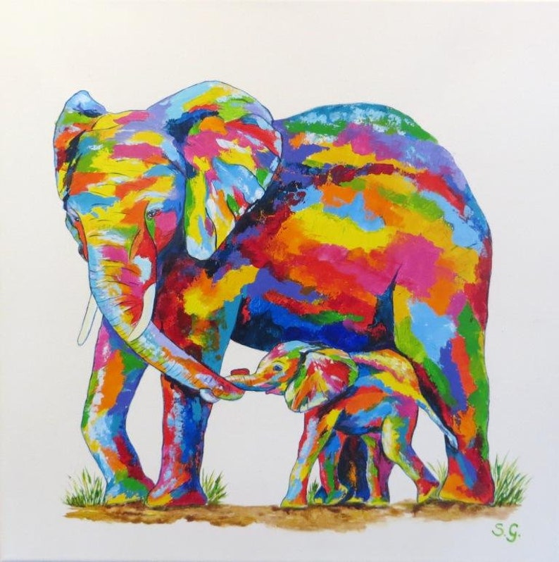 Colorful Elephant Decor Nursery Wall Art Elephants Painting Etsy