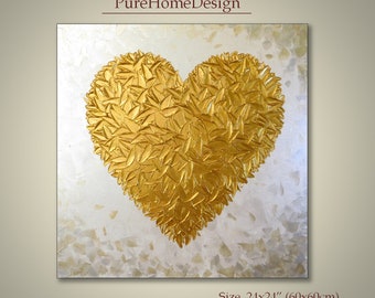 Acrylic Painting on canvas Textured Heart wall art Gold heart Bedroom decor Over the bed art Wedding gift Abstract painting gift for her