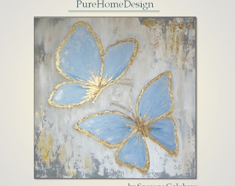 Large painting Gold Blue Butterfly wall art Original abstract painting Canvas art Gold framed art Modern Gold leaf painting Bedroom art