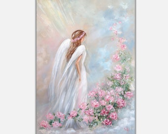 White Angel wings wall art on canvas Original Painting, Angel portrait artwork, Guardian Angel of Light decor, Christmas gift for her