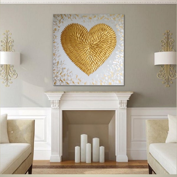 Original 3d wall art Gold White Feather Heart painting Fine canvas artwork Modern wall art Wedding party gift Above bed decor Bedroom art