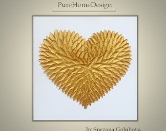Textured Gold Feather Heart Painting, Acrylic Love Art, Abstract Wall Decor