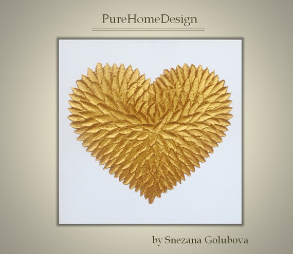 Textured Gold Feather Heart Painting, Acrylic Love Art, Abstract Wall Decor