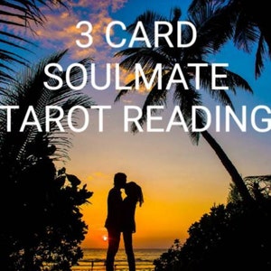 May include: Image features the text "3 CARD SOULMATE TAROT READING" over a sunset scene with palm trees and a couple silhouetted in a romantic embrace. The sky transitions from orange to blue.