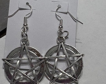 Silver Pentacle Pagan Witchy Earrings