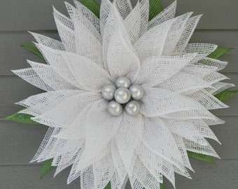 White Poinsettia Mesh Wreath, White Flower Wreath, Poinsettia Wreath, White Wreath, Christmas Poinsettia, White Winter Wreath