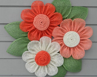 Daisy Wreath for Front Door, Daisy Door Hanger, Poly Burlap Flower Wreath, Spring Summer Wreath, Peach Flower Wreath