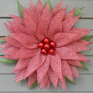 Christmas Wreath, Poinsettia Wreath for Front Door, Red Flower Wreath, Poinsettia Wreath, Burlap Flower Wreath, Country Christmas Wreath