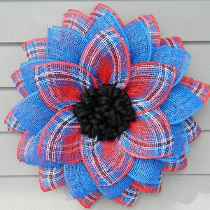 Flower Wreath, Patriotic Wreath, Poly Burlap Mesh Sunflower Wreath, Spring Summer Wreath, Red and Blue Wreath