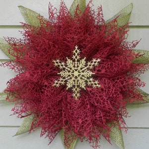 Burgundy Poinsettia Front Door Wreath, Christmas Wreath, Snowflake Wreath, Winter Flower Wreath, Holiday Wreath, Burgundy Wreath