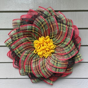 Red Plaid Flower Wreath: Poly Burlap Farmhouse Decor