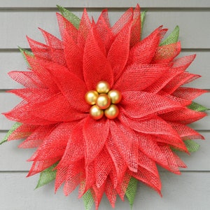 Red Poinsettia Wreath, Burlap Mesh Flower Wreath, Red Poinsettia, Red Flower Wreath, Christmas Wreath, Holiday Wreath, Red Wreath
